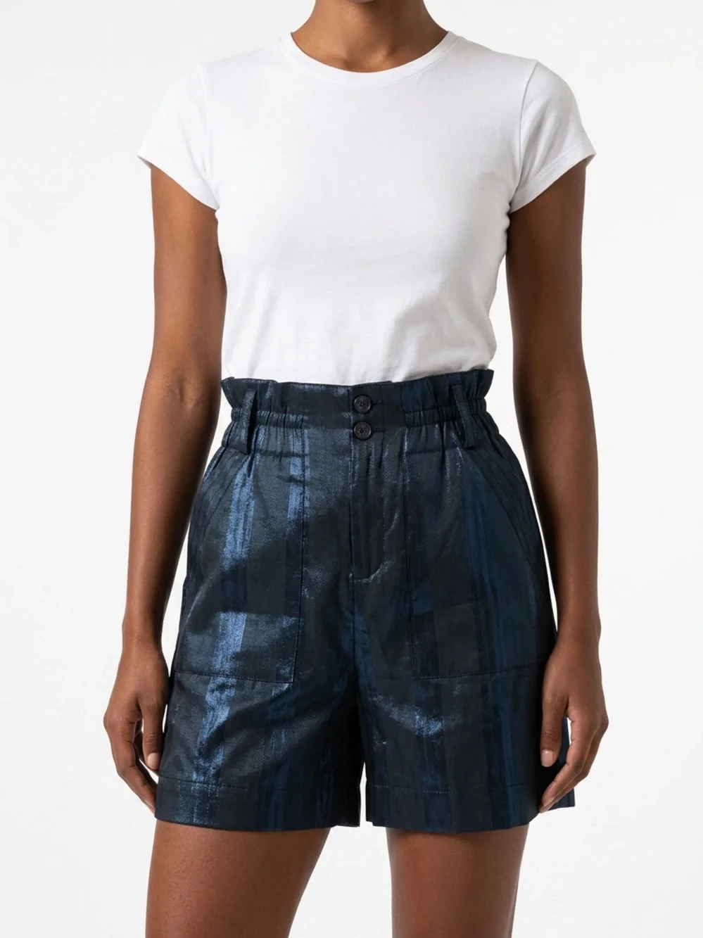 CURRENT AIR | Metallic Navy Blue High-Waist Paperbag Shorts Women’s Size Small